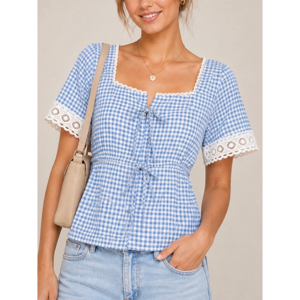 NWT Bagatelle Collection Blue Gingham Lace Trim Tie Front Top Size S